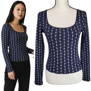 H&M Divided Navy Blue White Floral Stripe Ribbed Tee Long Sleeve Cottagecore M